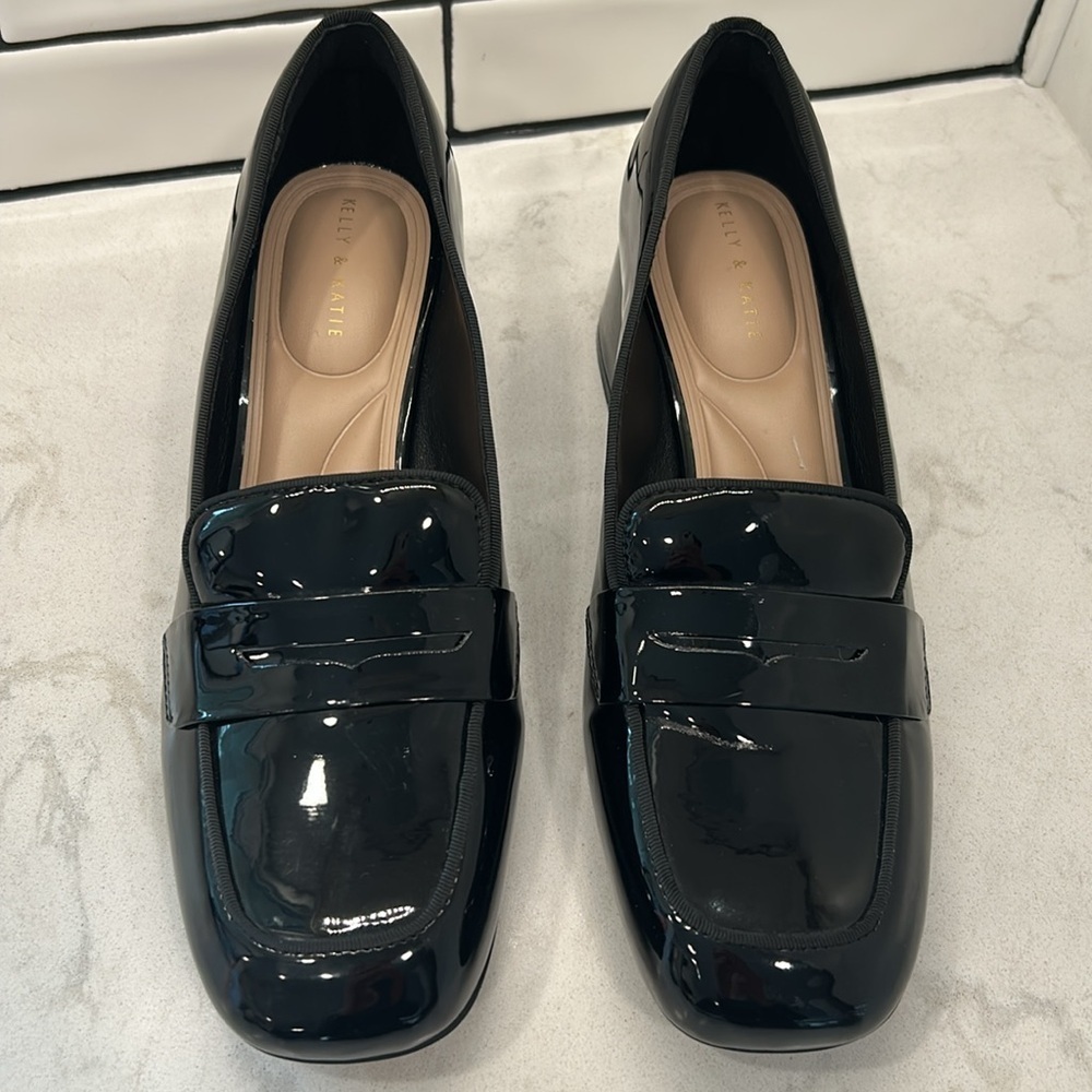 Kelly & Katie Payln Loafer Black Glossy Platform Heel Slip On Academia Office - Picture 2 of 16